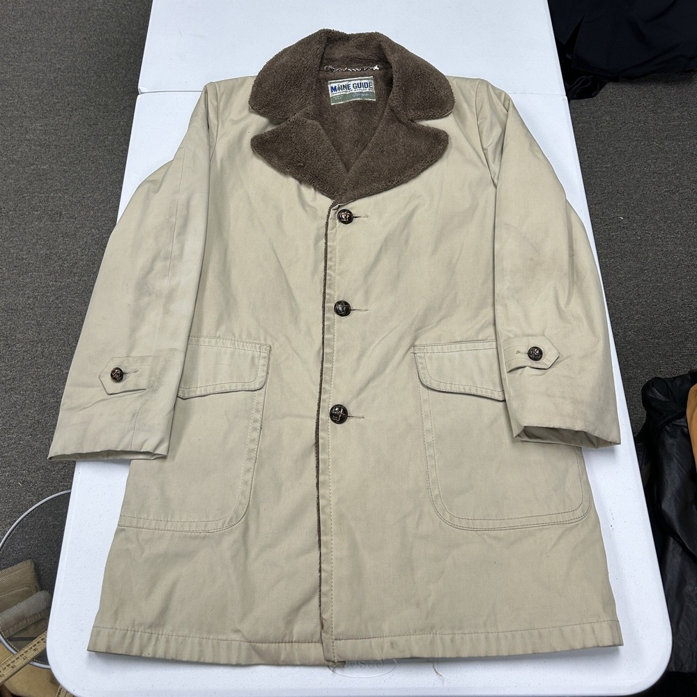 Maine Guide Car Coat Mens L Tan Faux Fur Collar Shearling Lined Vintage Jacket
